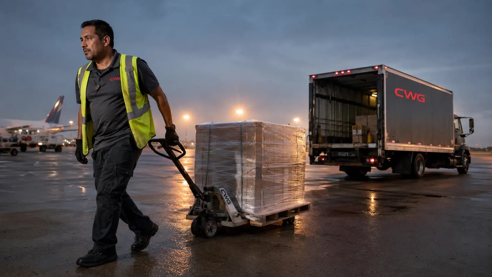 CWG courier pulling palletized freight across the airport apron at dawn with a CWG box truck behind