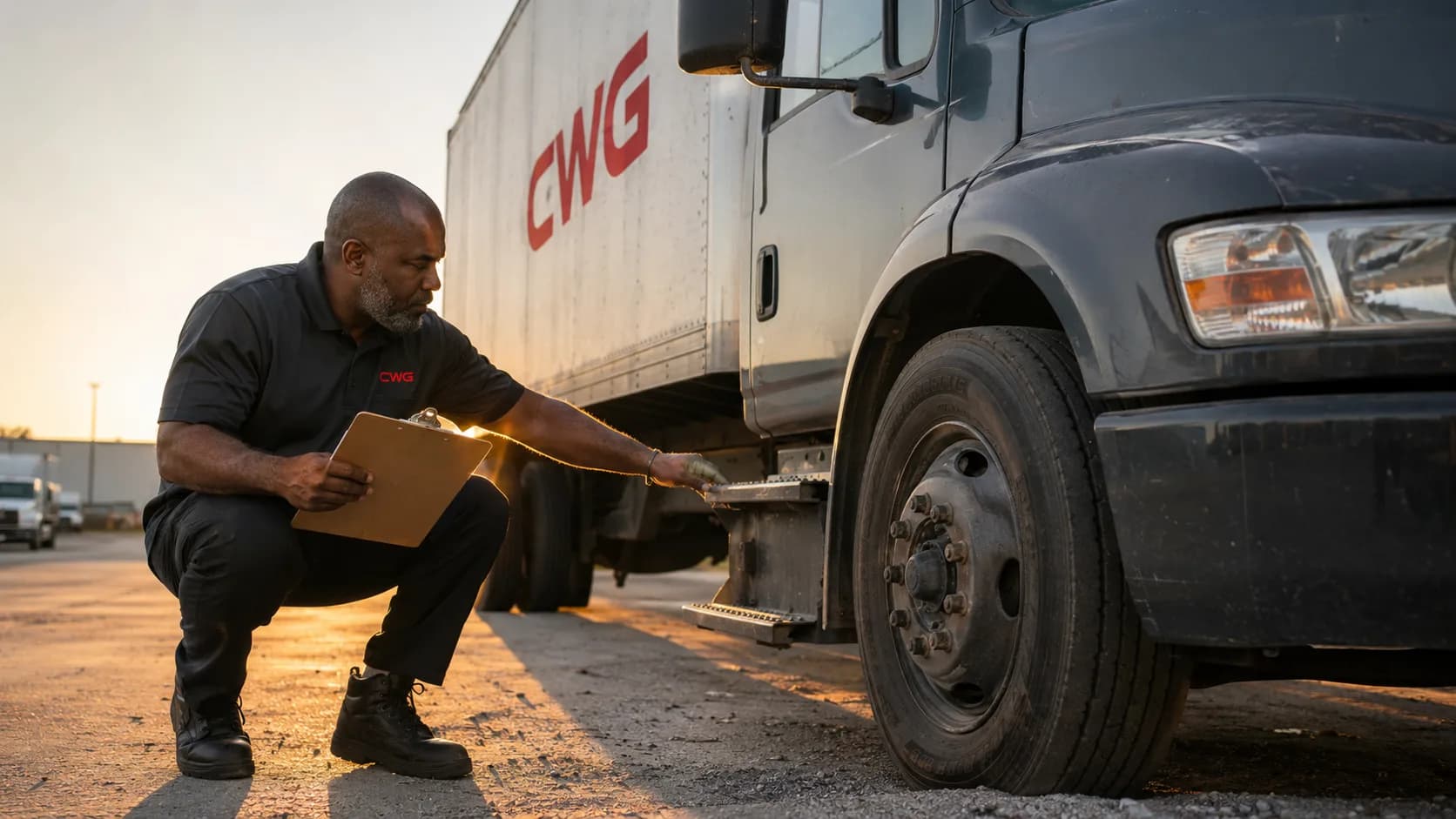 CWG driver running a sunrise pre-trip inspection at the truck tire