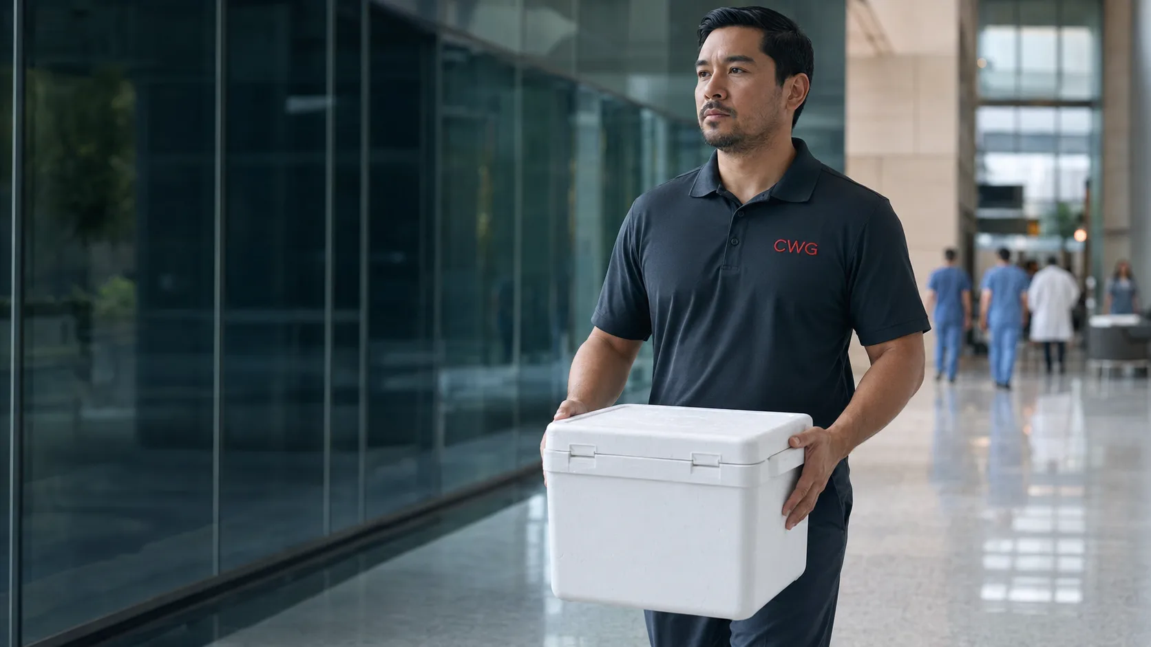 CWG medical courier carrying a specimen cooler through a hospital lobby