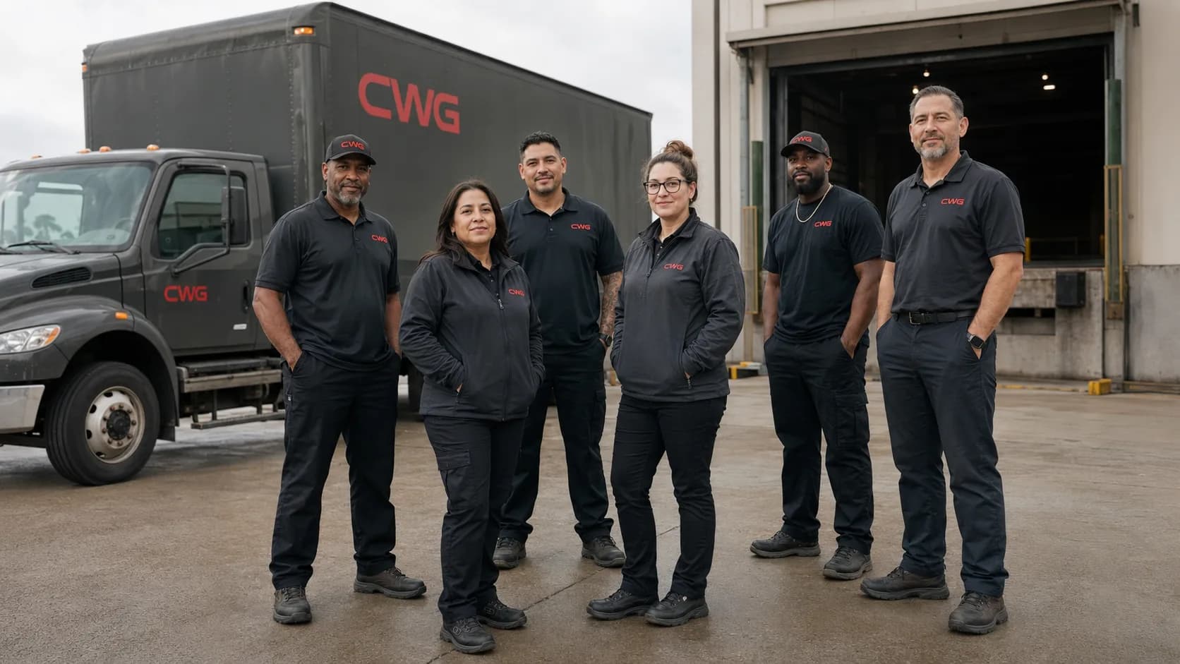 The CWG Solutions team in front of a CWG truck at the Houston dock