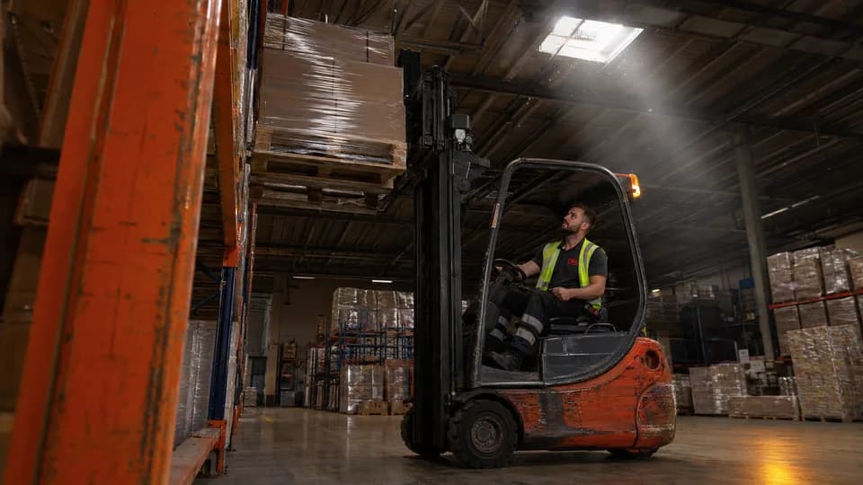 CWG forklift operator lifting a shrink-wrapped pallet into racking