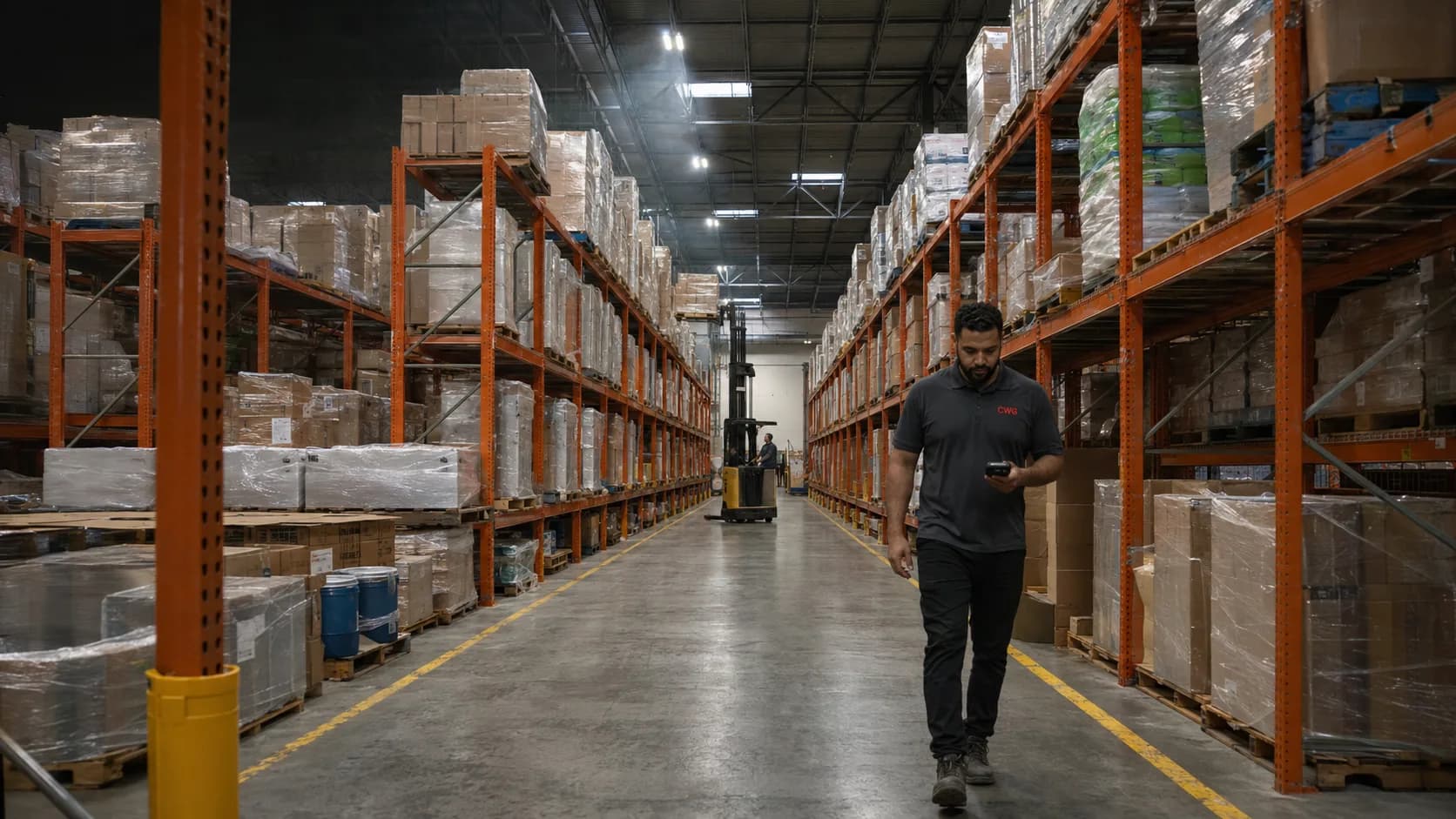Racked pallet aisle inside the CWG Houston warehouse
